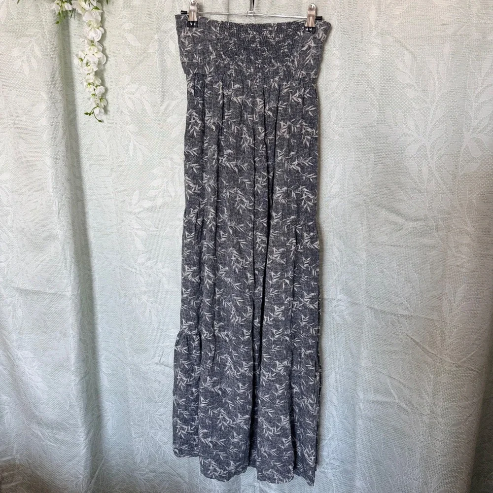 NEW $64 Bohme Womens L Smocked Tiered Wide Leg Pant Black Leaf Print Boho Resort